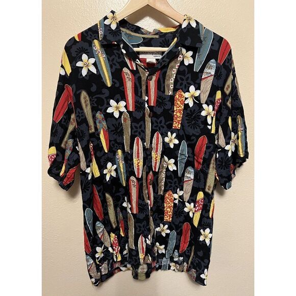 Vtg Bishop Street Hawaiian Shirt Surfboards Aloha Tropical Black Mens Size Large - Picture 1 of 12
